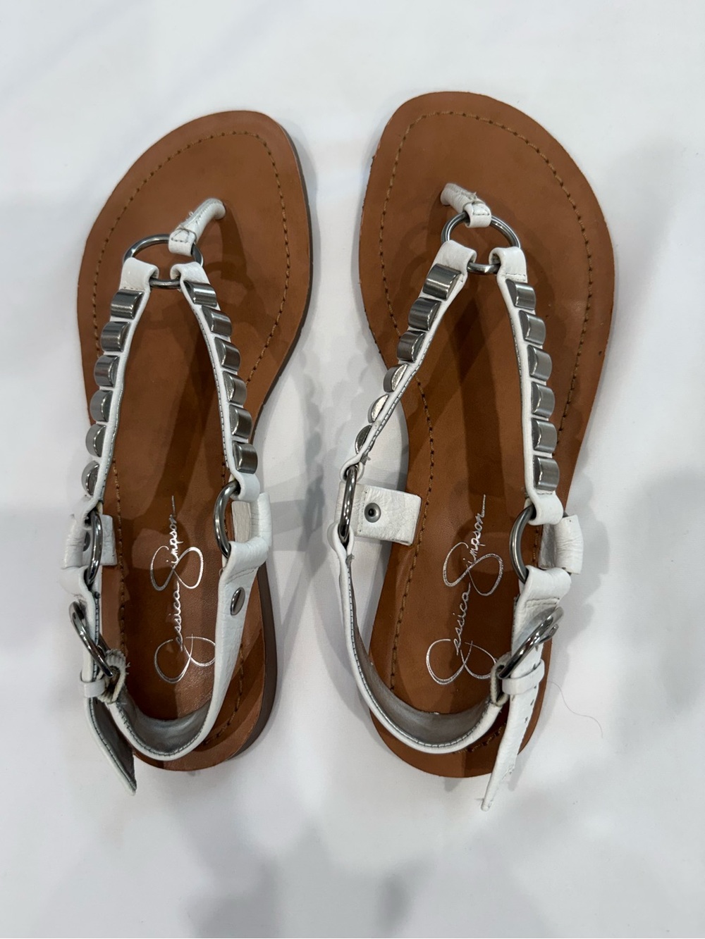 Jessica Simpson Flat T-Strap Sandals White Accented Silver Studs . Size 7